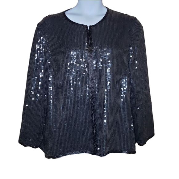 VINTAGE 80s‎ black silk sequin shiny goth blazer jacket coat XL - Picture 1 of 10